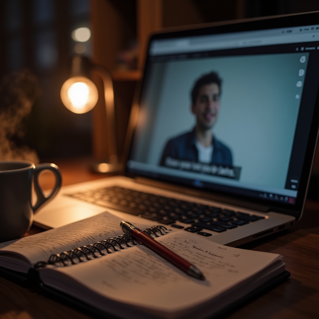 Poznámkový blok a notebook se zobrazeným online seminářem